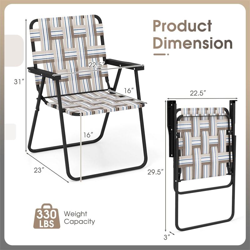 4 Pack Folding Beach Chairs Webbed Lawn Chairs Portable Lightweight Camping Chair with Armrest & Steel Frame