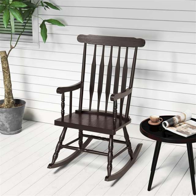 Solid Rubber Wood Patio Rocking Chair, Outdoor Porch Rocker with Slat Back & Glossy Finish for Garden, Backyard, Indoor Use