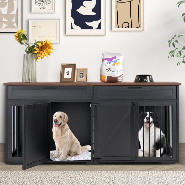 Large Double Dog Crate Furniture 72" Indoor Dog Kennel with Removable Room Divider, 2 Drawers & Doors for Medium Large Dogs