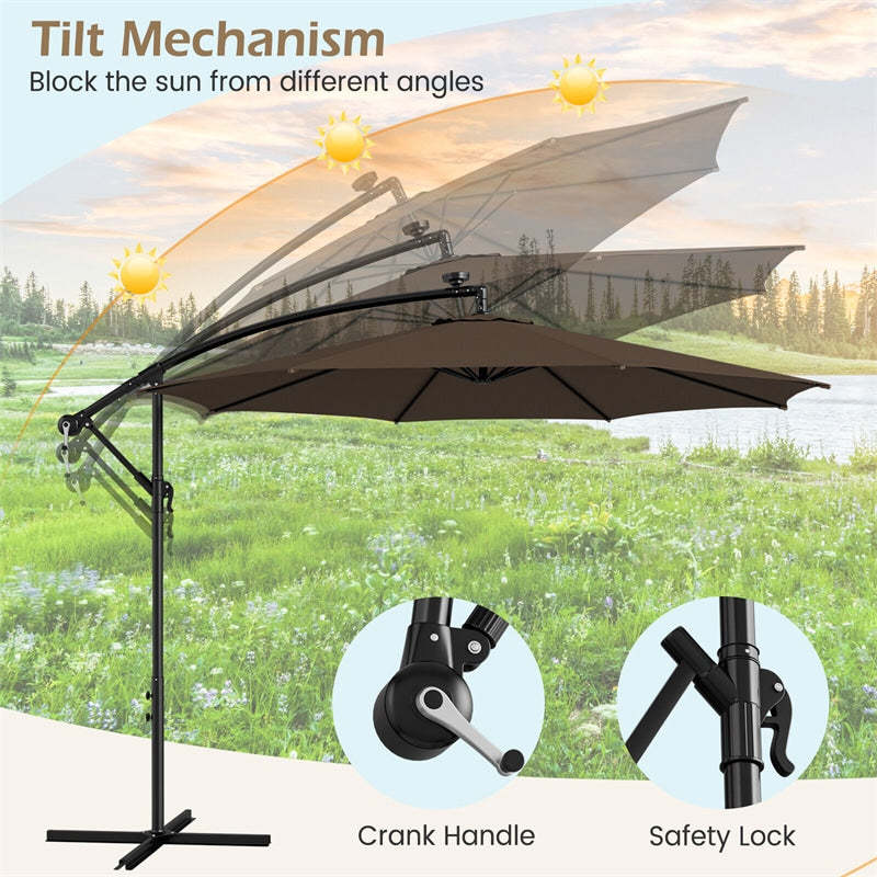 10FT Solar Offset Umbrella, Patio Cantilever Umbrella with 112 LED Lights, Adjustable Crank Handle & Tilt, Outdoor Market Umbrella for Poolside