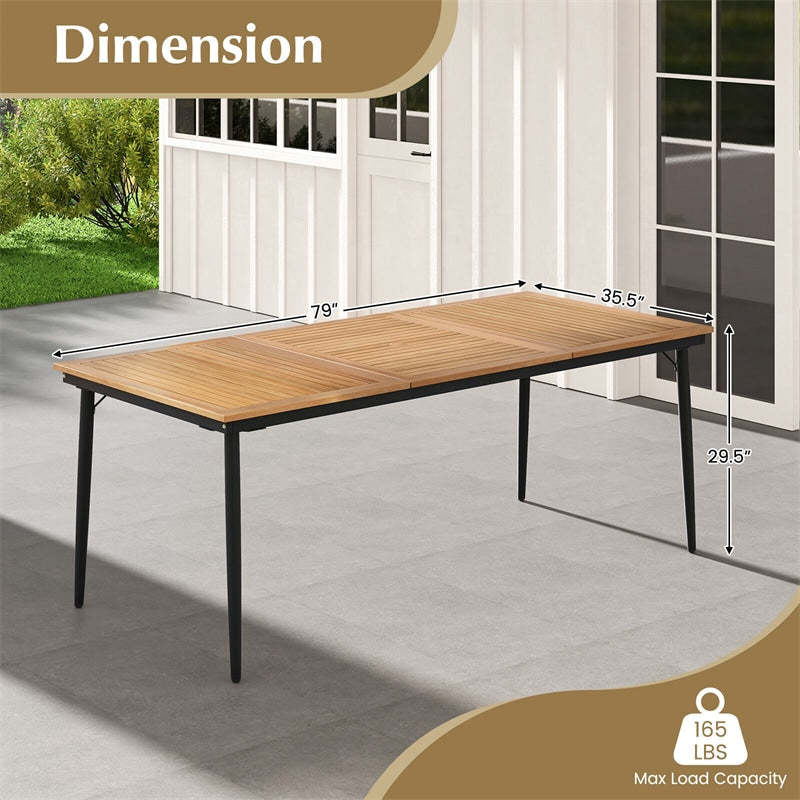 79" Acacia Wood Outdoor Patio Table, 8-Person Rectangular Dining Table w/ 1.9" Umbrella Hole, Metal Frame, Adjustable Foot Pads for Poolside, Backyard