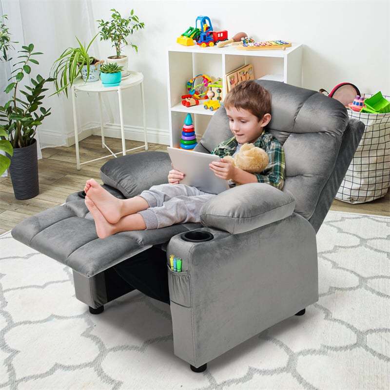 Kids Recliner Chair, Adjustable Velvet Recliner with Footrest, 2 Cup Holders & Side Pockets, Ergonomic Toddler Recliner Sofa for Boys Girls Room