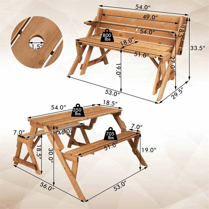 2-in-1 Convertible Wooden Picnic Table Garden Bench Set Folding Outdoor Dining Table with Umbrella Hole
