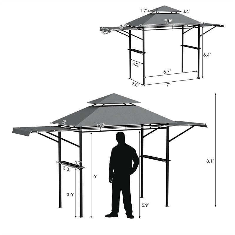13.5x4FT Heavy-Duty Steel Grill Gazebo with Dual Side Awnings & Storage Shelves, Flame-Retardant 2-Tier Canopy Gazebo for Patio Backyard Garden
