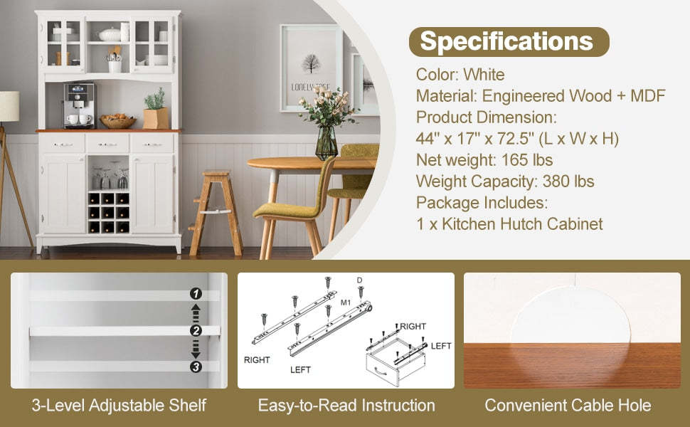 Wood Kitchen Buffet Hutch Cabinet Kitchenware Server with Large Drawers & Wine Bottle Modulars