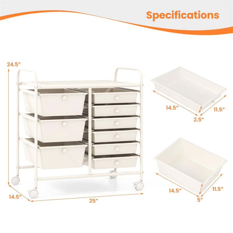 9-Drawer Rolling Storage Cart, Mobile Art & Craft Supply Organizer on Wheels, Metal Frame, Drawer Utility Cart for Classroom Office Home Salon