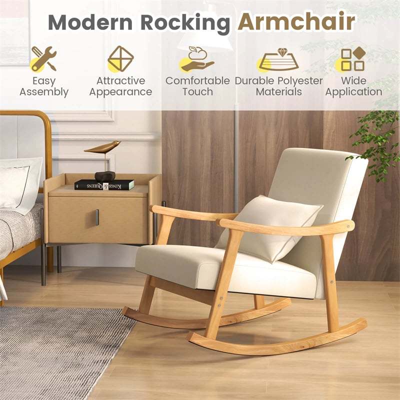 he3 Upholstered Rocking Chair with Rubber Wood Frame, Lumbar Pillow, Padded Seat & Backrest, Modern Rocker for Living Room, Bedroom, Nursery, Office