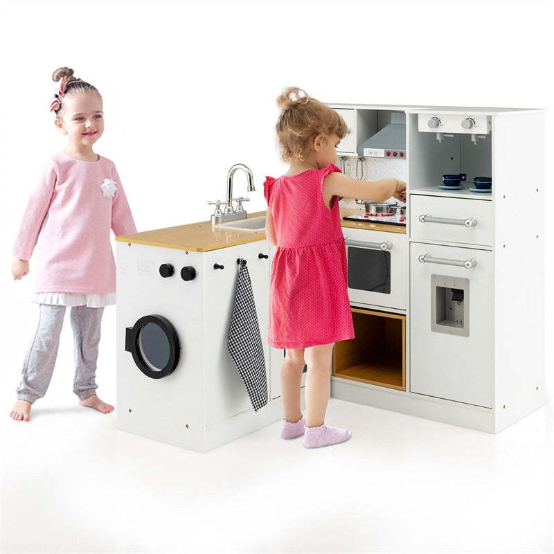 2-Piece Kids Wooden Kitchen Playset Little Chef Pretend Play Kitchen Toy Set with Movable Stool, Realistic Lights, Washing Machine & Coffee Maker