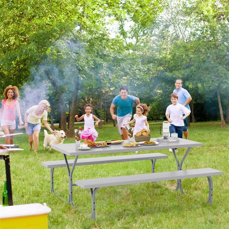 6FT Picnic Table & Bench Set for 8-Person, Heavy Duty Weather-Resistant Outdoor Dining Table with Umbrella Hole HDPE Tabletop & Built-in Benches