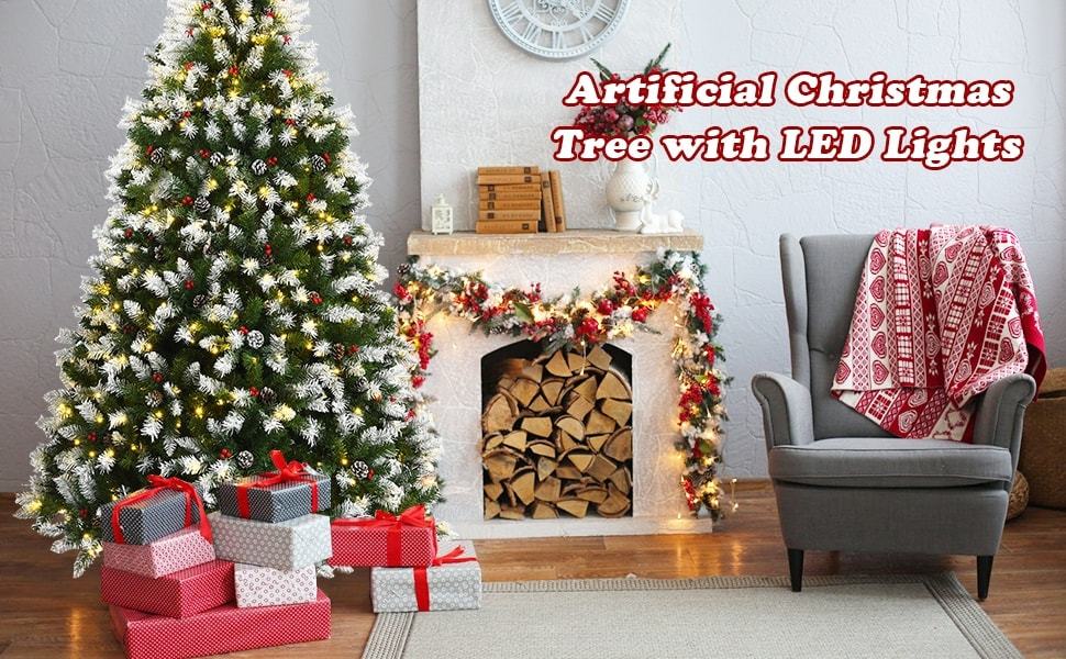 6ft Pre-lit Snow Flocked Artificial Christmas Tree with 250 LED Lights