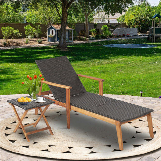 2-Piece Patio Rattan Chaise Lounge Chair with Folding Table, Acacia Wood Frame Adjustable Outdoor Recliner Set for Poolside, Backyard, Garden