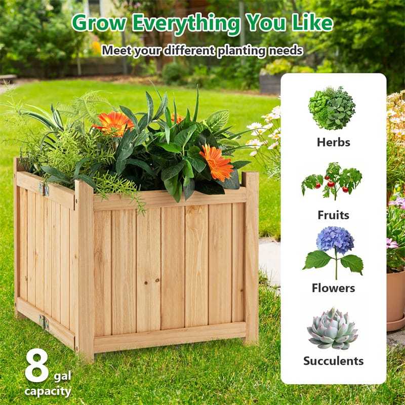 Wooden Raised Garden Bed Outdoor Foldable Square Planter Box with Removable Bottom & Drainage System, Raised Planter Bed for Flowers Fruits Herbs