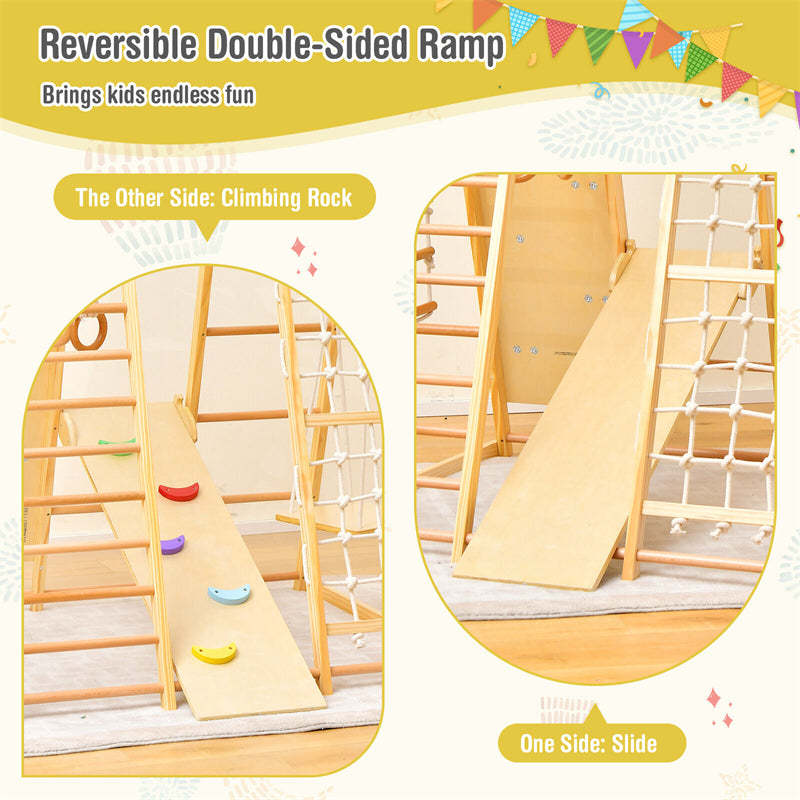 Indoor Jungle Gym for Kids, 8-in-1 Toddler Wooden Montessori Indoor Playground Climber Playset with Slide, Monkey Bars, Climbing Rock & Net