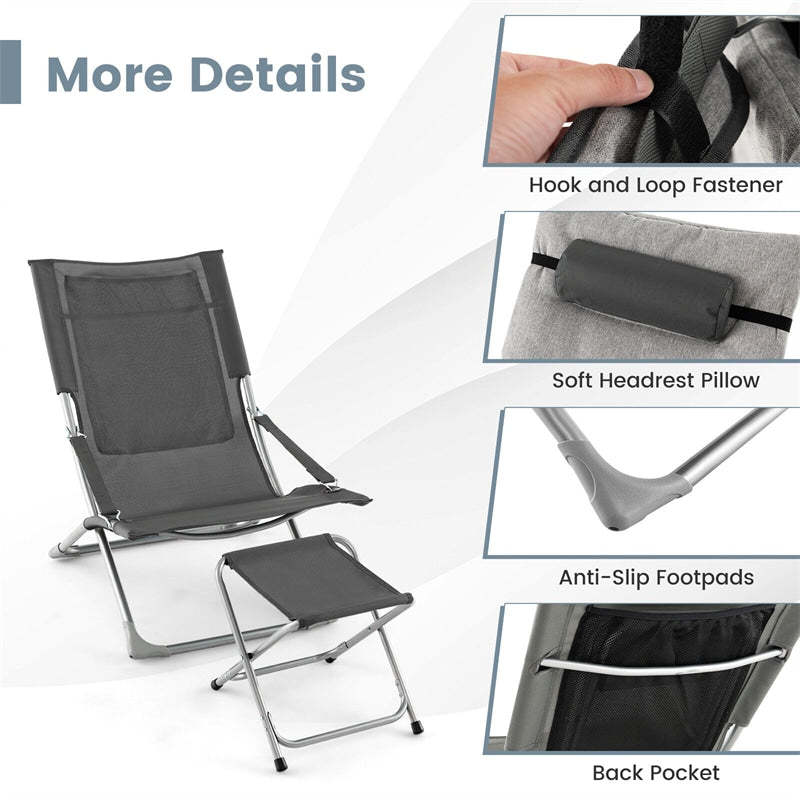 5 Pcs Outdoor Folding Sling Chair Set Beach Lawn Chairs with Ottoman, Coffee Table, Removable Seat Cushion & Headrest
