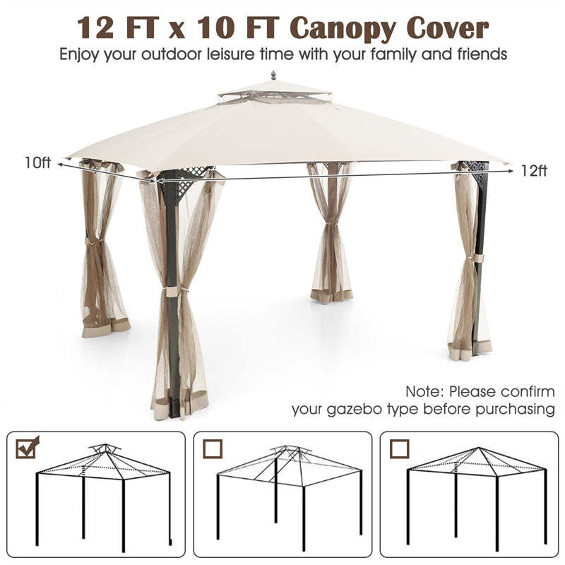10' x 12' Patio Gazebo Replacement Canopy Top 2-Tier CPAI-84 Outdoor Canopy Top Cover with Air Vent & Drainage Holes