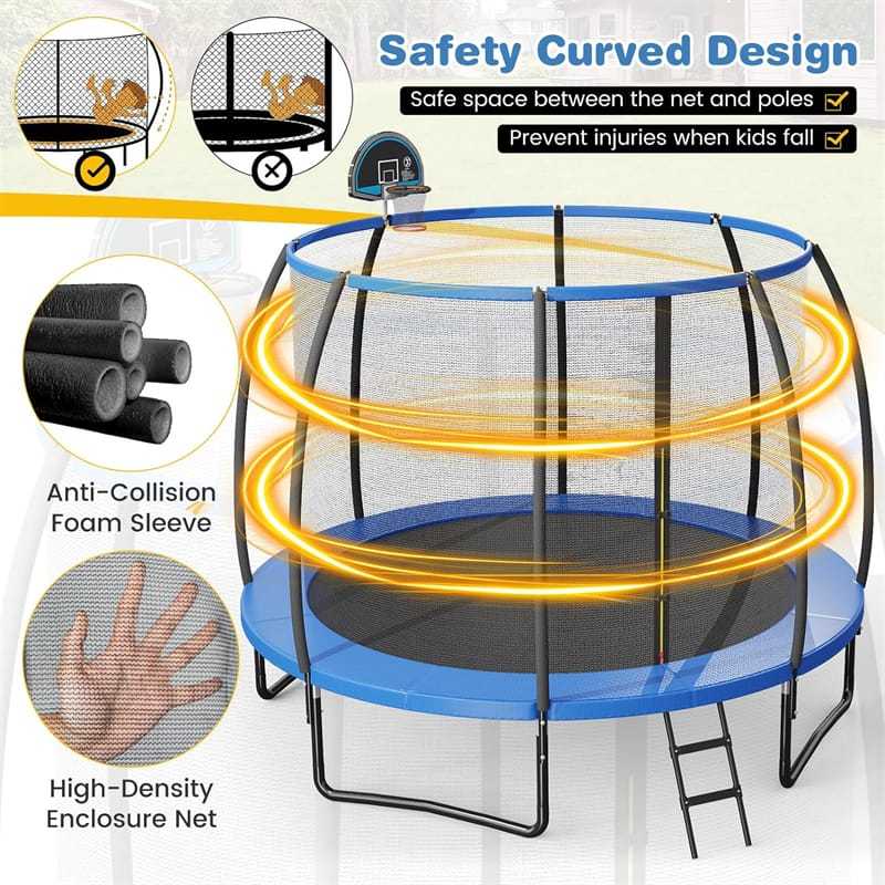 12FT Recreational Trampoline ASTM Approved Large Trampoline with Safety Enclosure Net Ladder Basketball Hoop & Ballpump