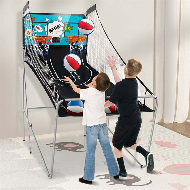 Folding Basketball Arcade Game, Dual Shot Basketball Hoop with 8 Game Modes, 4 Balls, LCD Scoreboard, Air Pump, Indoor Game for Kids & Adults
