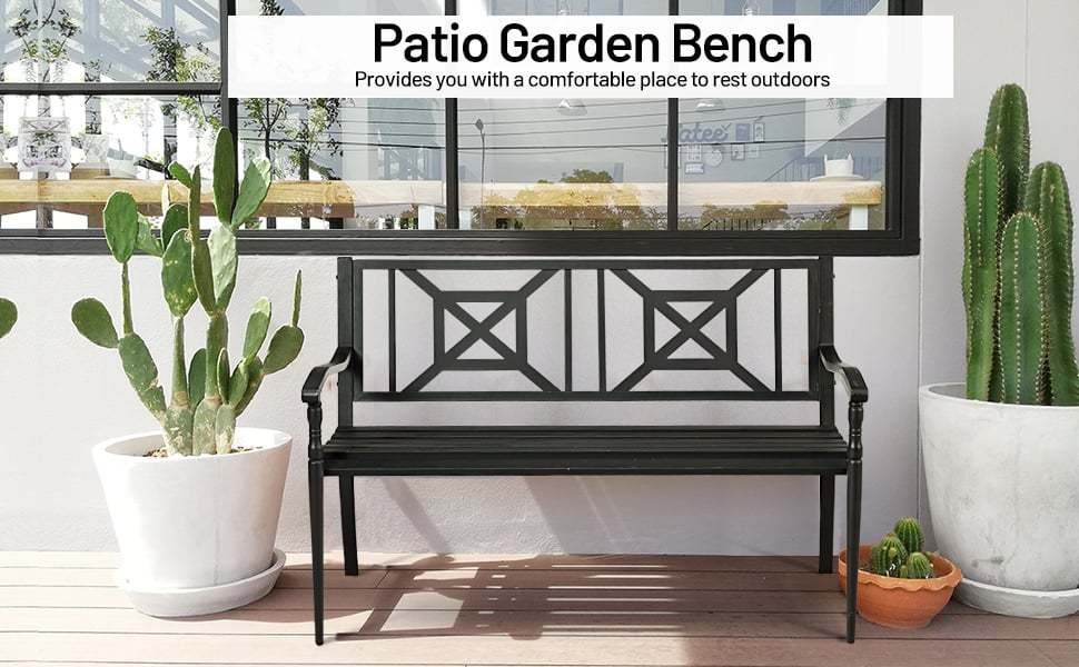 Heavy-Duty Outdoor Patio Garden Bench Loveseat with Decorative Backrest & Armrest