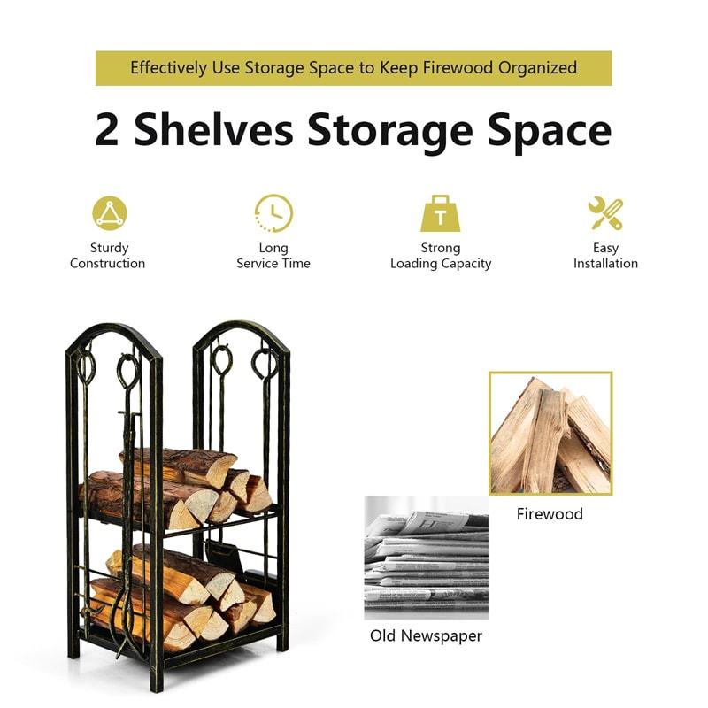 Firewood Rack with 4 Fireplace Tools Set, Heavy Duty Wrought Iron Log Rack Wood Storage Firewood Holder for Indoor  Outdoor