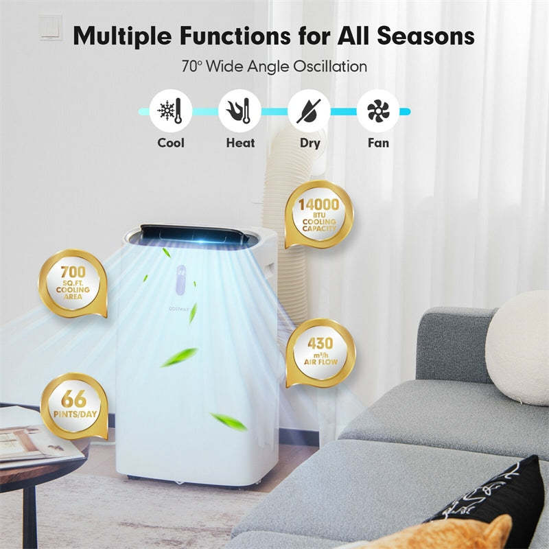 14000 BTU Portable Air Conditioner, 4-in-1 AC Unit with Heat, Cool, Fan & Dehumidifier, WiFi Smart App & Alexa Voice Control for Rooms up to 700 Sq.Ft