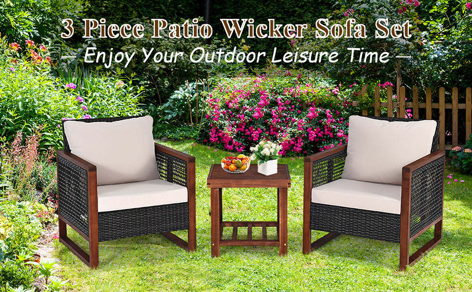 3 Piece Patio Wicker Conversation Bistro Set with Acacia Wood Coffee Table & Cushions