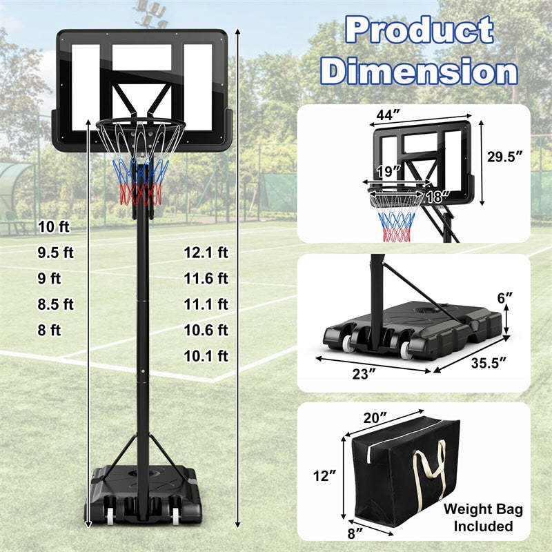 Portable Basketball Hoop, 8-10Ft Height Adjustable Basketball Goal Stand System with 44" Shatterproof Backboard & Weight Bag for Indoor Outdoor Use