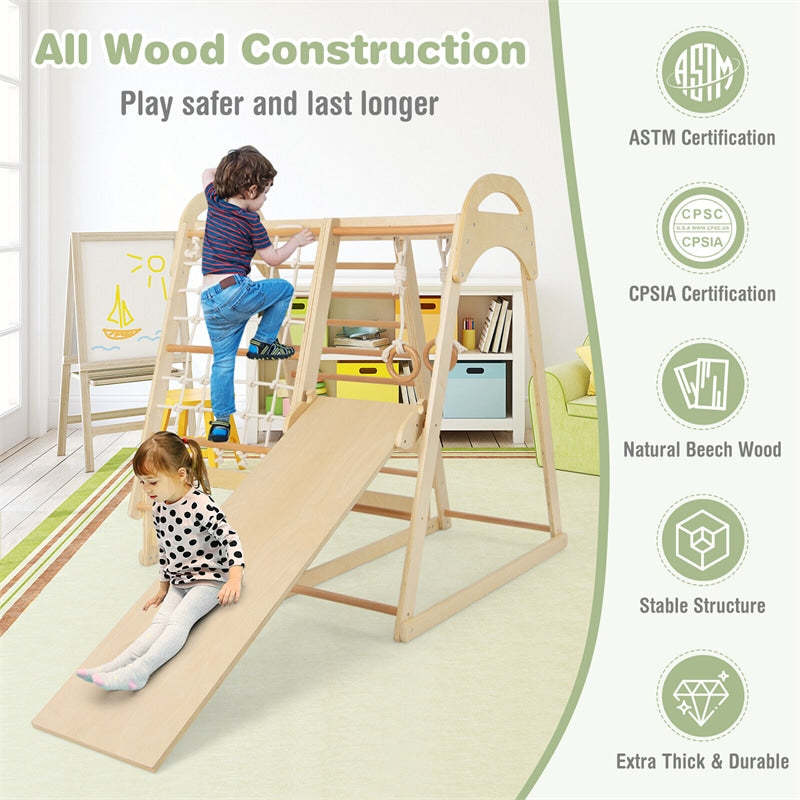 Wooden Indoor Playground 7-in-1 Kids Indoor Jungle Gym with Reversible Slide, Climbing Net, Removable Play Tent, Montessori Climbing Toys for Toddlers