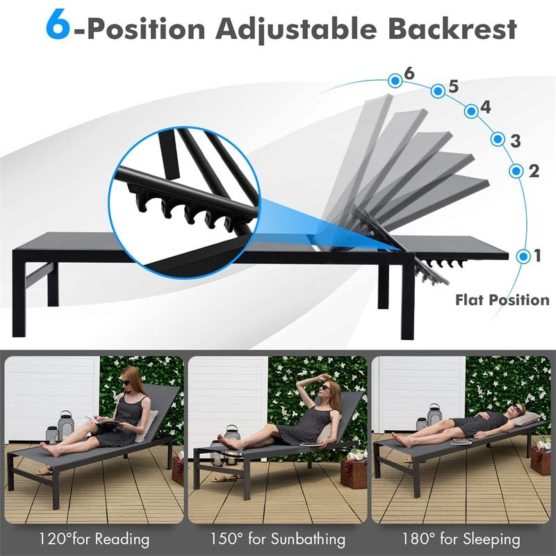Aluminium Outdoor Chaise Lounge with 6-Position Adjustable Backrest,  Patio Lounge Chair Sun Lounger for Poolside, Backyard, Deck
