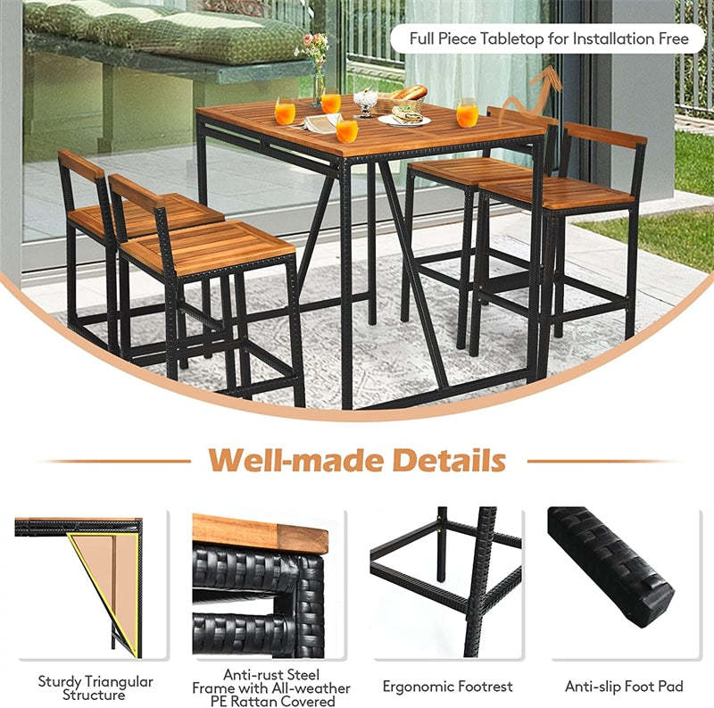 5 Piece Acacia Wood Rattan Patio Bar Height Dining Set with 4 Bar Stools Umbrella Hole