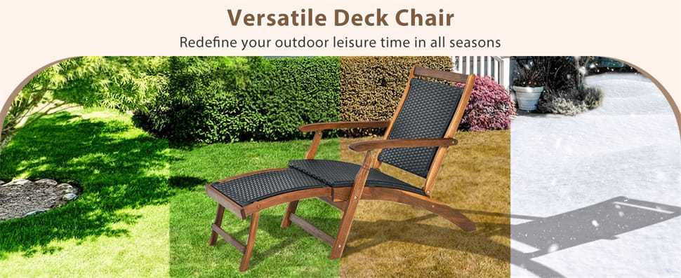 Set of 2 Acacia Wood Patio Folding Rattan Chaise Lounges with Retractable Footrest, Outdoor Deck Lounge Chairs for Backyard, Garden, Poolside