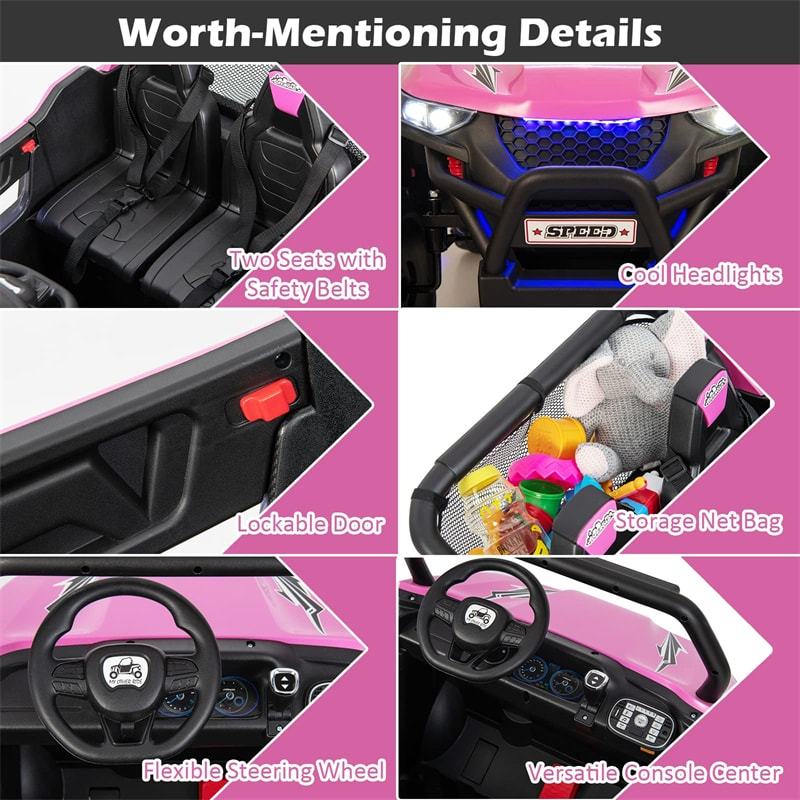 12V 2-Seater Kids Ride On UTV Battery Powered Electric Car with Remote Control Lights Music Storage Bag