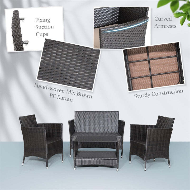 4 Pieces PE Rattan Patio Furniture Set Outdoor Wicker Conversation Set with 2-Tier Coffee Table & Soft Cushions