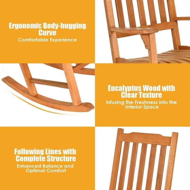 3-Piece Eucalyptus Wood Rocking Bistro Set with 2 Rockers & Coffee Table, Outdoor Rocking Chair Set for Patio, Backyard, Porch, Poolside