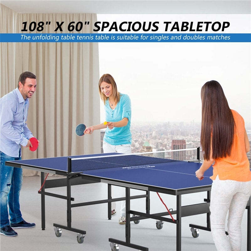 Foldable Table Tennis Table, 9'x5' Professional Ping Pong Table with Single/Double Player Mode & Wheels for Indoor Outdoor Playing