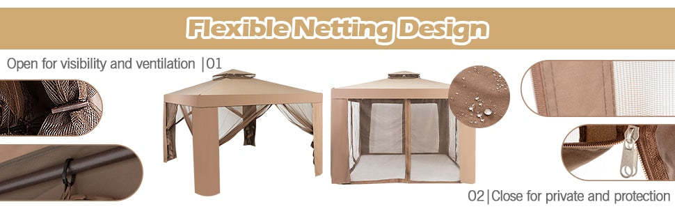 10’ x 10’ Outdoor Garden Steel Structures Gazebo 2 Tier Canopy Tent with Netting