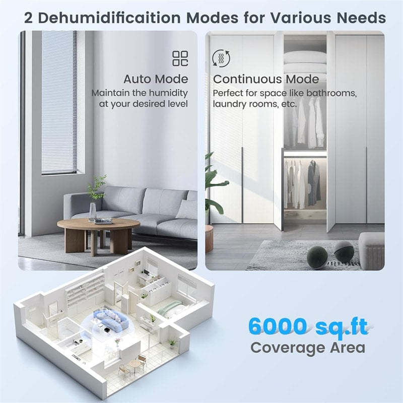 90 Pint Dehumidifier with Pump & Drain Hose for Basement Home, 6000 Sq.Ft High Efficiency Dehumidifier with 4 Wheels & 2.2 Gal Water Tank