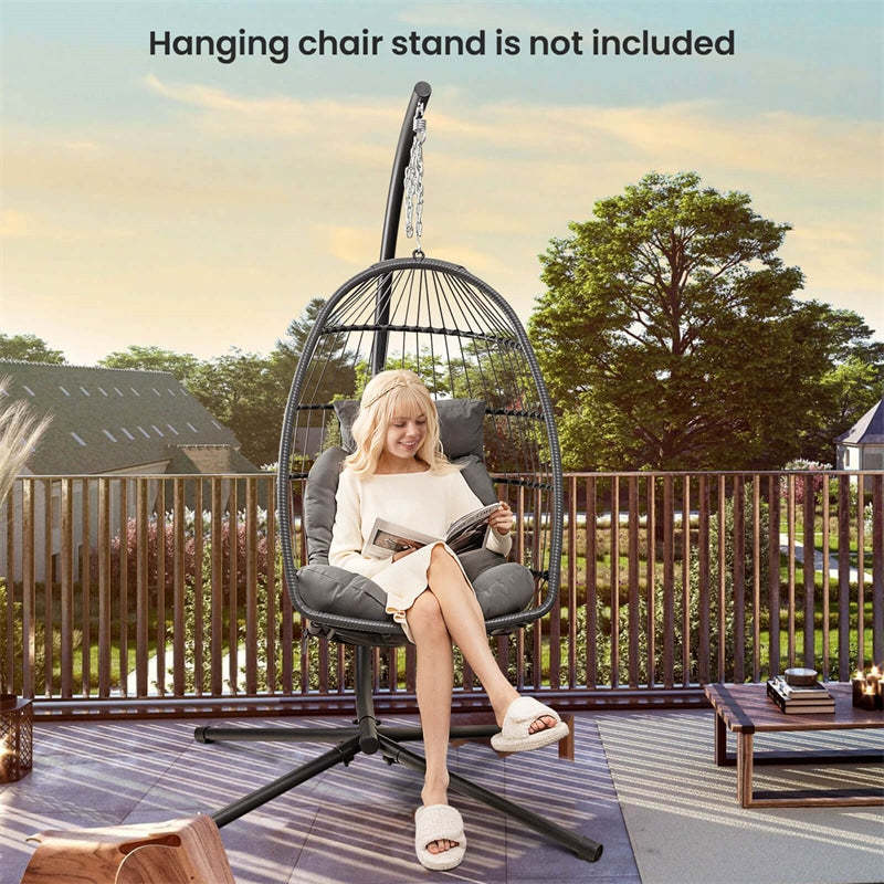 Foldable Wicker Hanging Egg Chair Indoor Outdoor Basket Swing Chair with Large Seat Cushion Soft Pillow & Hanging Kit Chain