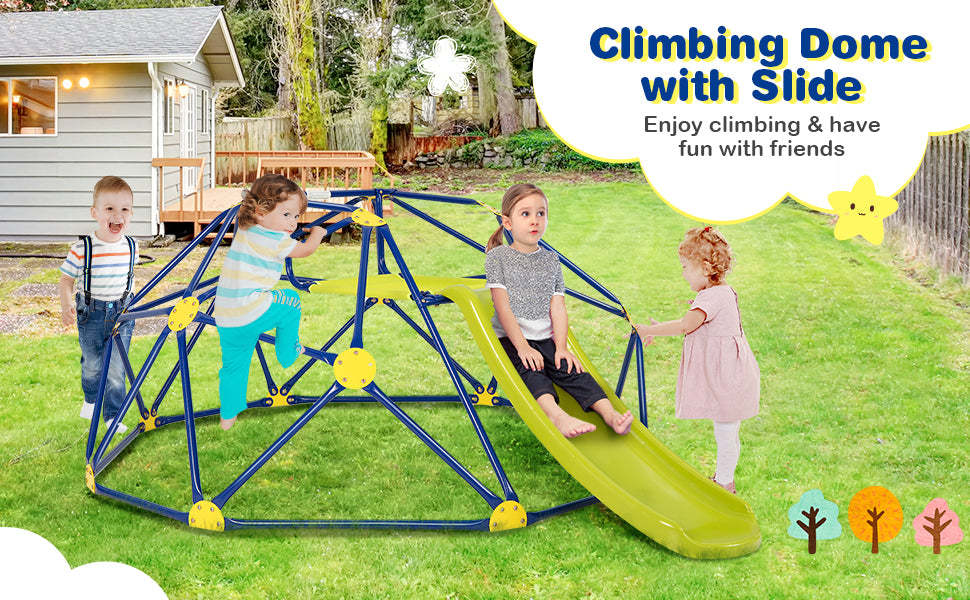 8FT Climbing Dome with Slide, 2-in-1 Geometric Dome Climber Indoor Outdoor Jungle Gym Climbing Toys for Kids & Toddlers