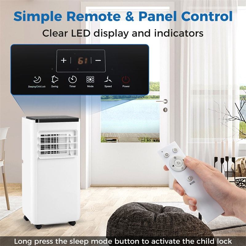 8000 BTU Portable Air Conditioner, 3-in-1 AC Unit with Fan, Dehumidifier & Sleep Mode, 24H Timer, Remote Control, Child Lock for Rooms up to 250 Sq.Ft