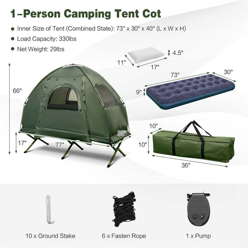 5-in-1 Tent Cot, 1-Person Elevated Camping Cot with Sunshade, Air Mattress, Sleeping Bag & Carry Bag, Waterproof Tent Cot for Outdoor Camping, Hiking