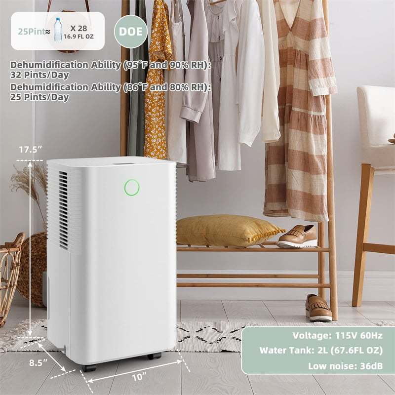 2000 Sq.Ft. 32-Pint Dehumidifier with Drain Hose, Auto Defrost, 3 Working Modes, 24H Timer & Child Lock for Basement, Bedroom, Garage, Office