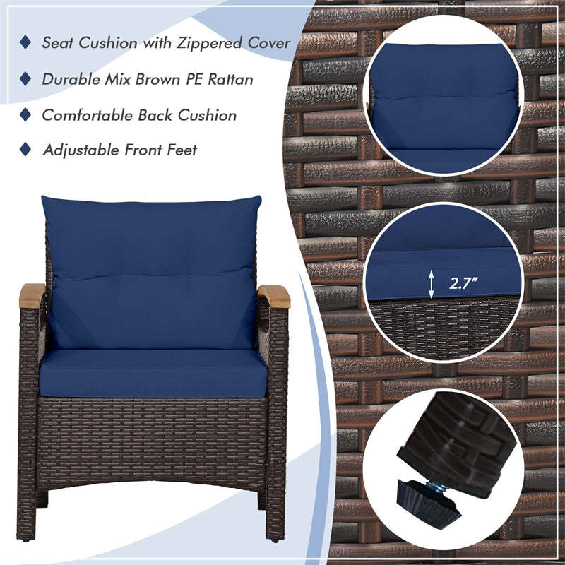 3PCS Patio Rattan Conversation Set Wicker Furniture Set with Cushioned Chairs, Acacia Wood Armrest & Table Top