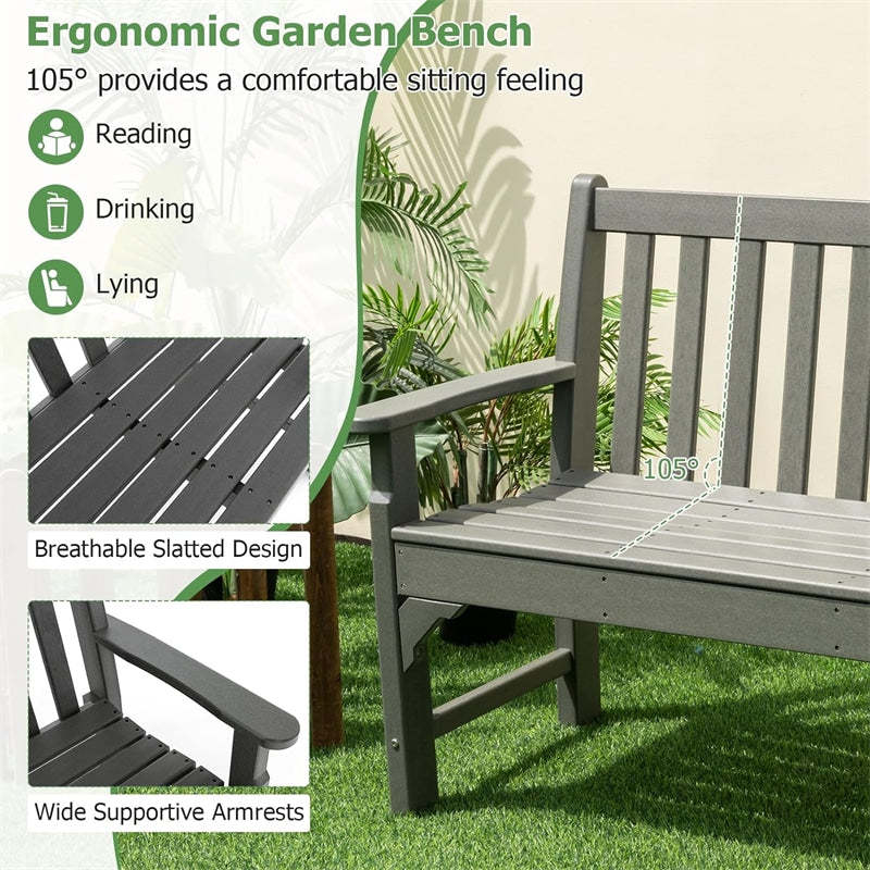 2-Person Patio Garden Bench All-Weather HDPE Outdoor Park Bench with Slatted Backrest & Armrest for Backyard Lawn