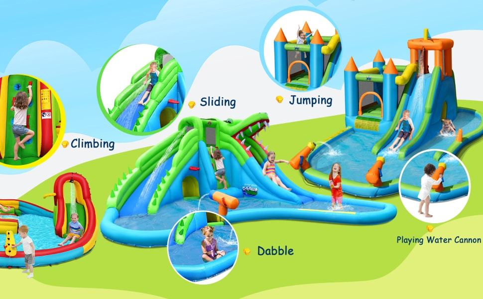 Inflatable Water Slide Bounce House Kids Waterslide Splash Pool Water Park with Ball Pit & 735W Blower for Boys Girls Backyard Party Gifts