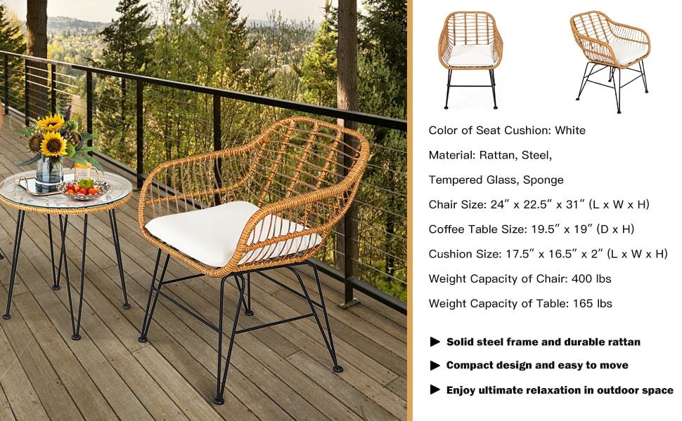 3 Piece Rattan Patio Bistro Set Wicker Conversation Set with Glass Coffee Table & Cushioned Armchairs