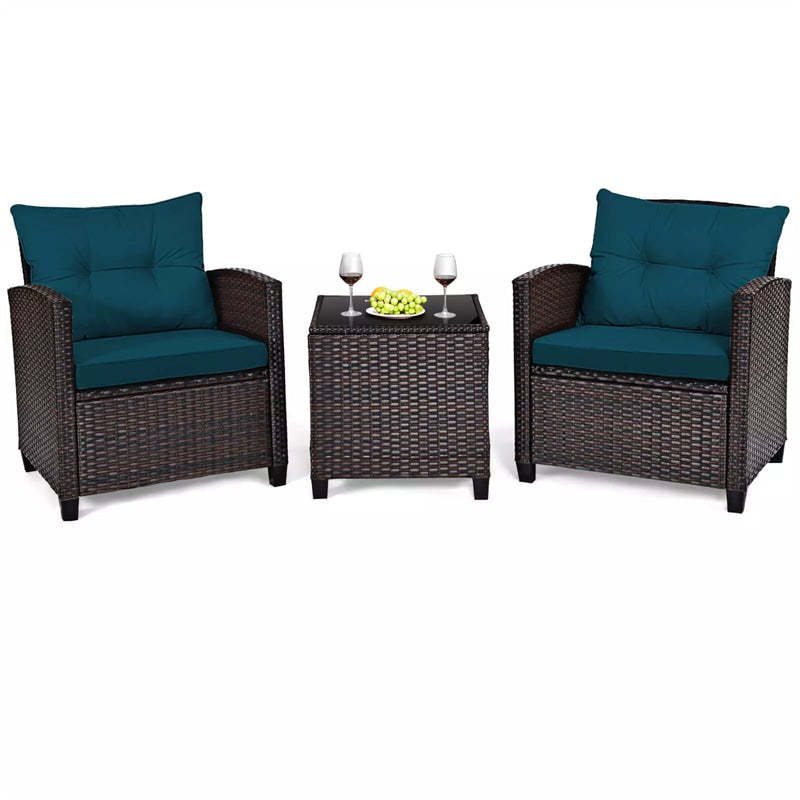3PCS Rattan Patio Furniture Set with Washable Cushions & Tempered Glass Coffee Table, Outdoor Wicker Conversation Set for Garden, Balcony