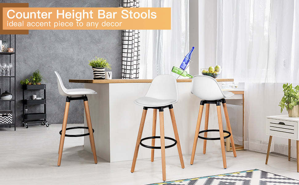 28.5" Mid-Century Barstool Set of 2 Armless Dining Pub Chair with PU Leather Seat & Round Metal Footrest