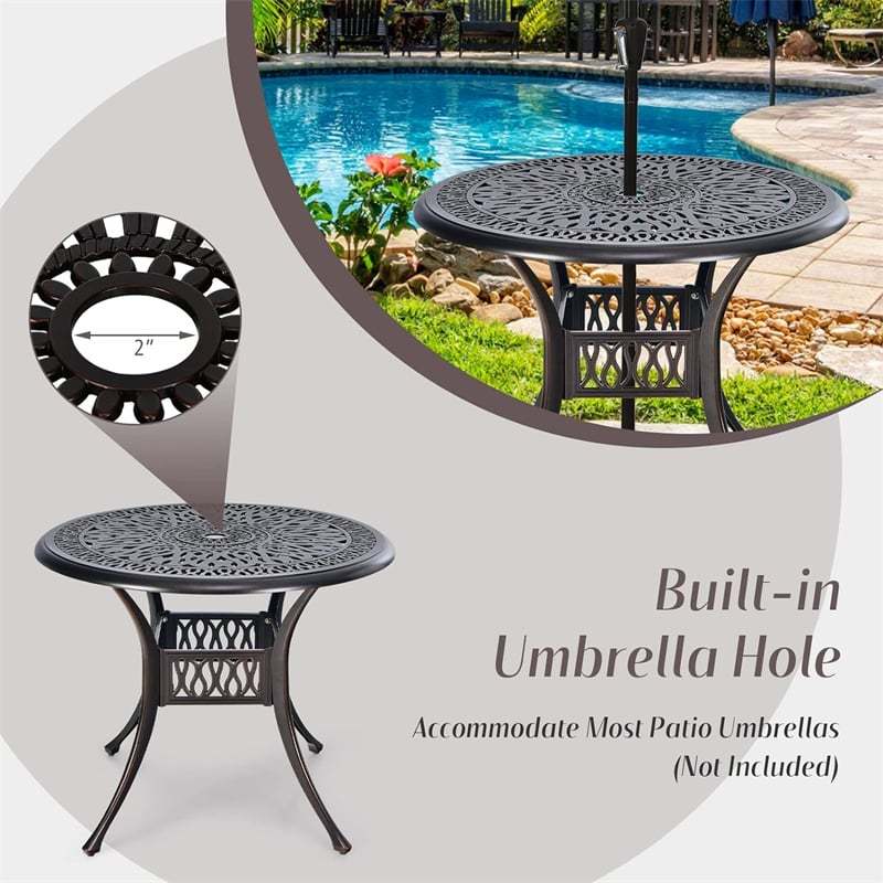 36" Cast Aluminum Bistro Table Weather Resistant Metal Round Outdoor Dining Table with Umbrella Hole & Adjustable Feet