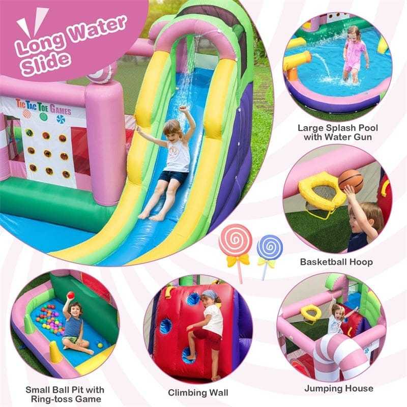 9-in-1 Inflatable Water Slide Bounce House Sweet Candy Backyard Bouncy Castle Waterpark Pool with GFCI 680W Blower, Climbing Wall & Tic-Tac-Toe