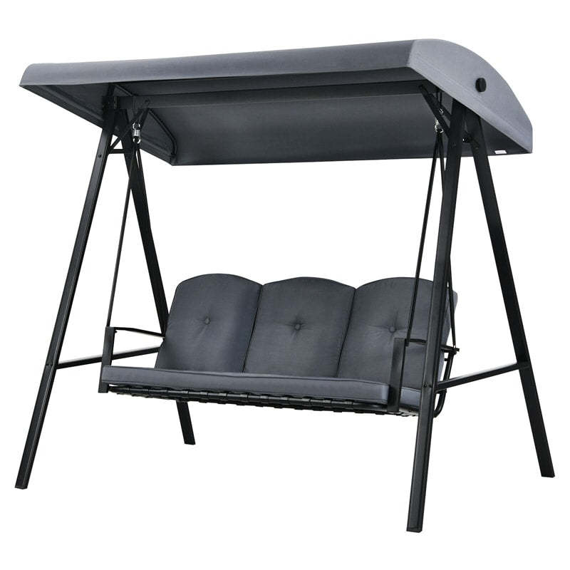Outdoor 3-Person Patio Swing with Adjustable Canopy & Removable Cushions, All-Weather Steel Frame Porch Swing for Garden, Poolside, Backyard